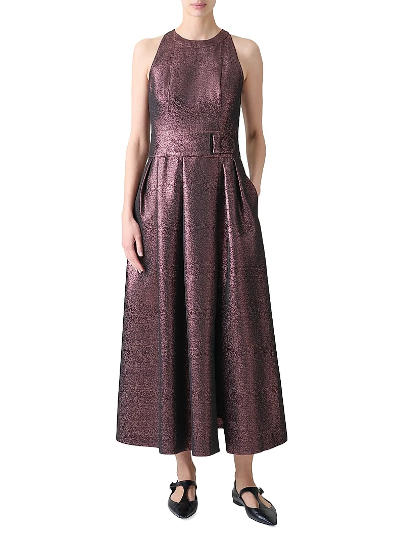 Metallic Crepe Belted Midi-Dress