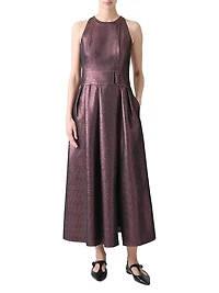Metallic Crepe Belted Midi-Dress