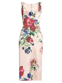 Satin Floral Sheath Midi-Dress