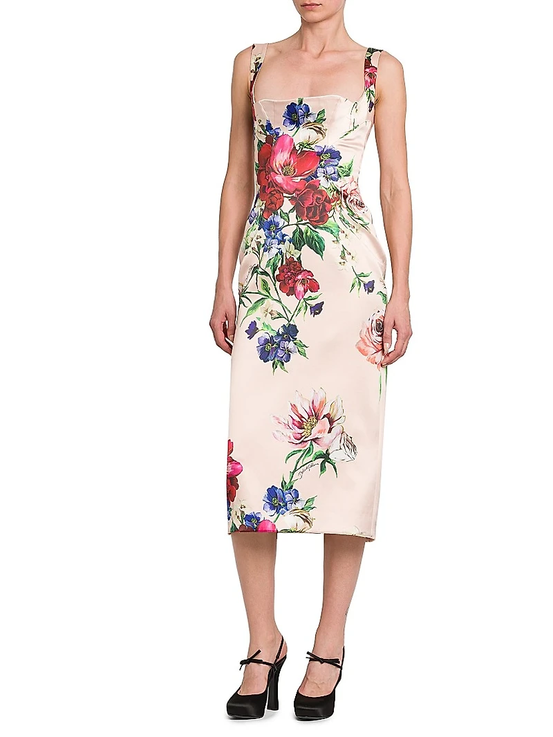Satin Floral Sheath Midi-Dress