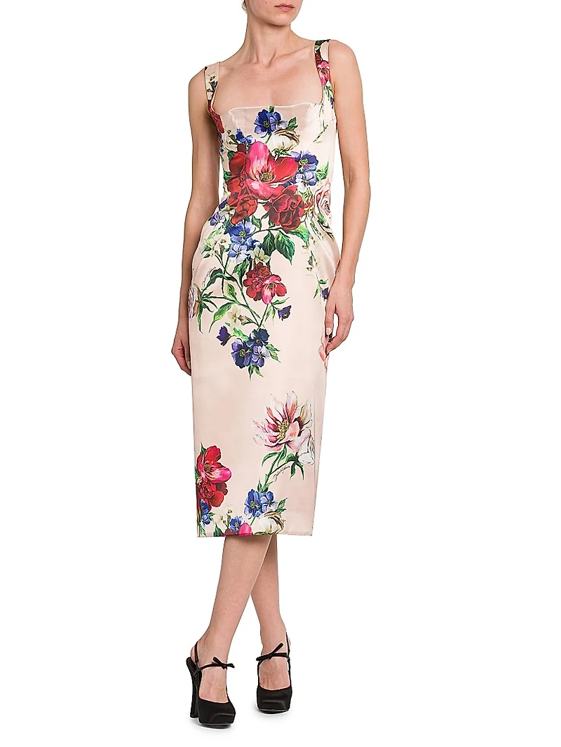 Satin Floral Sheath Midi-Dress