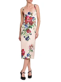 Satin Floral Sheath Midi-Dress