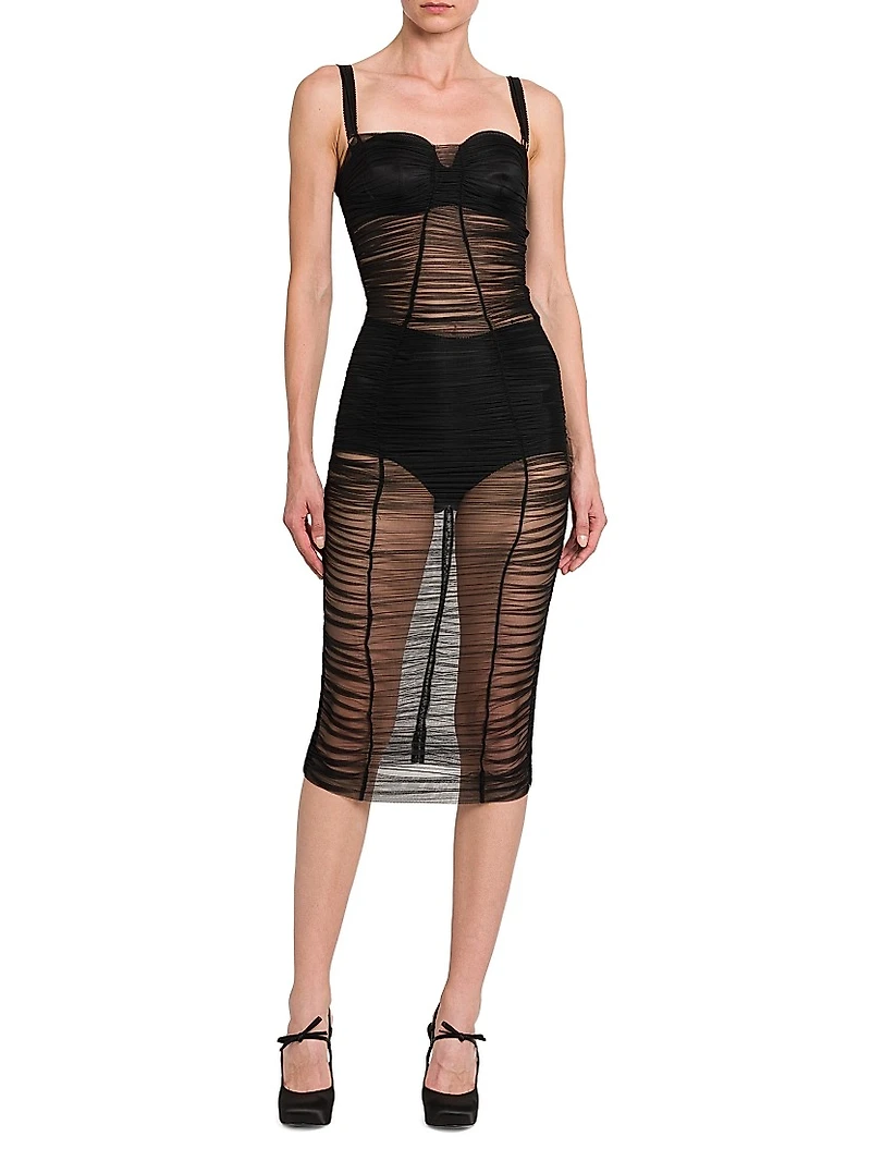 Sheer Stretch Tulle Body-Con Midi-Dress