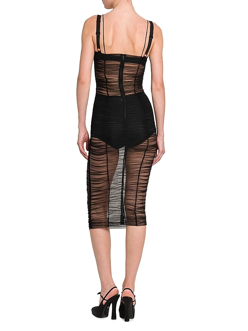 Sheer Stretch Tulle Body-Con Midi-Dress