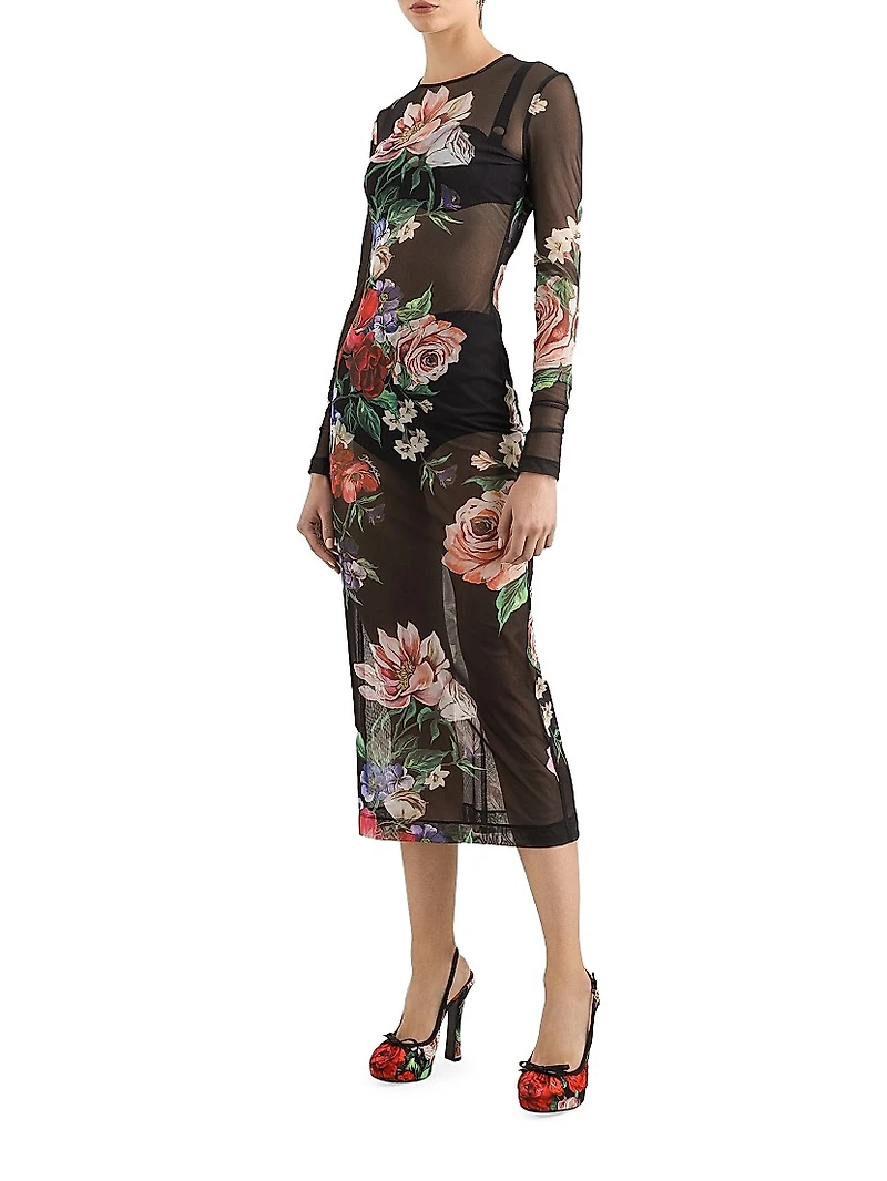 Floral Sheer Mesh Midi-Dress