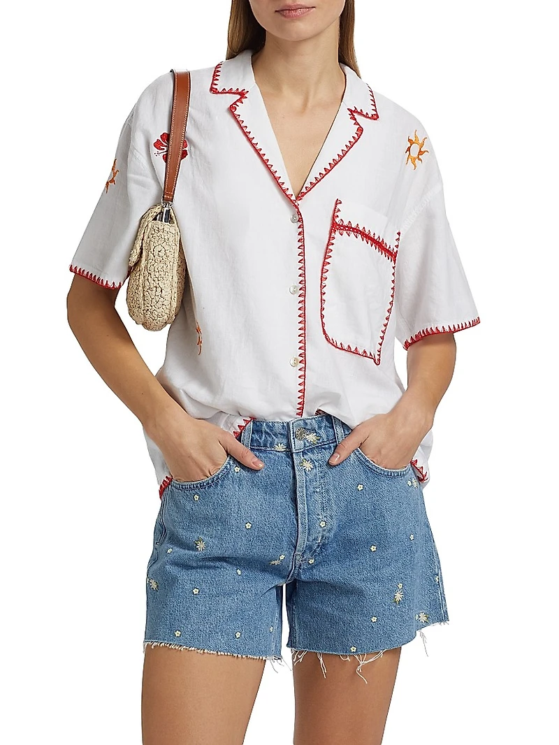 Island Floral Embroidered Linen-Blend Button-Front Shirt
