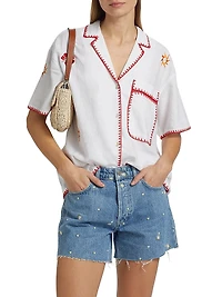 Island Floral Embroidered Linen-Blend Button-Front Shirt