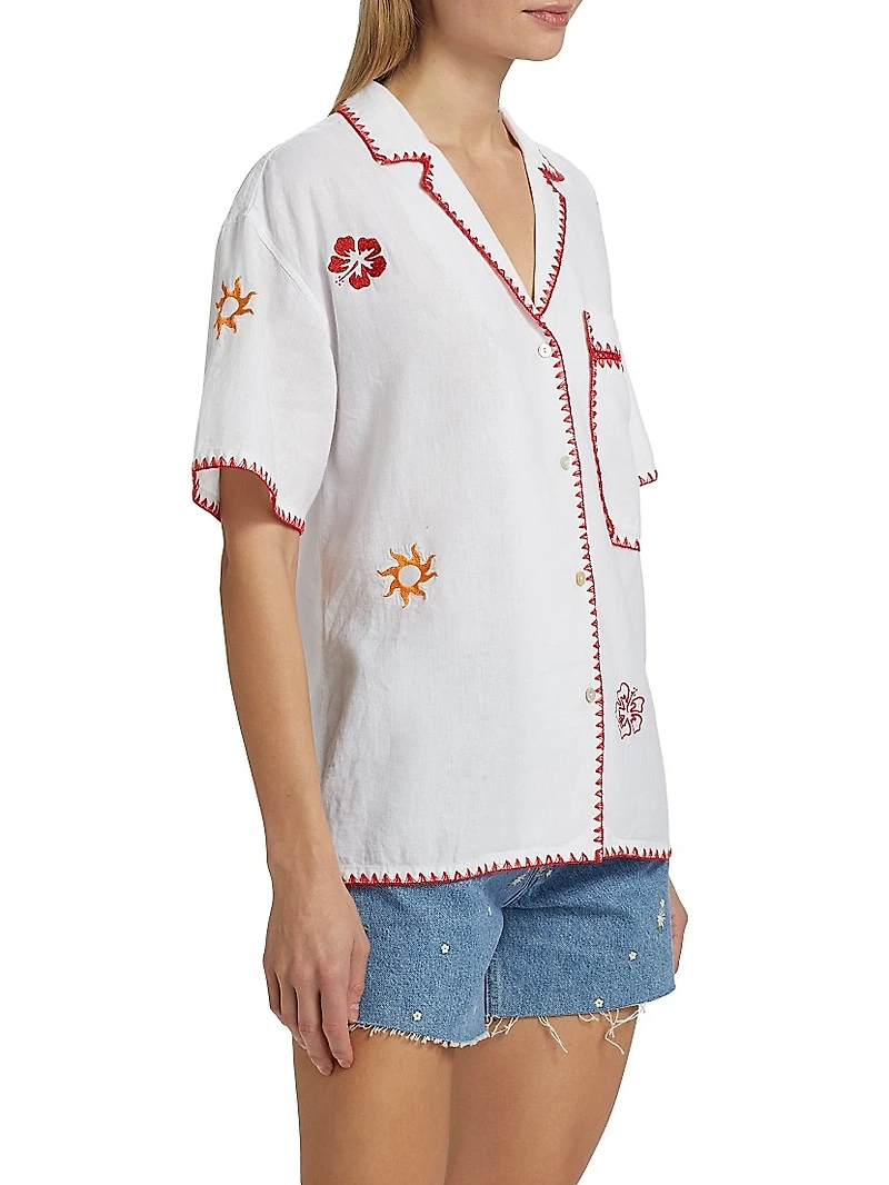 Island Floral Embroidered Linen-Blend Button-Front Shirt