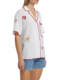 Island Floral Embroidered Linen-Blend Button-Front Shirt