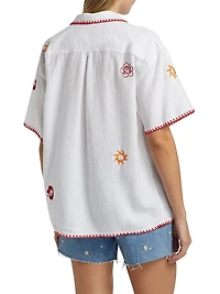 Island Floral Embroidered Linen-Blend Button-Front Shirt