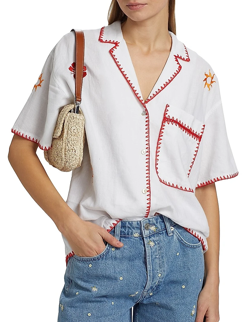Island Floral Embroidered Linen-Blend Button-Front Shirt