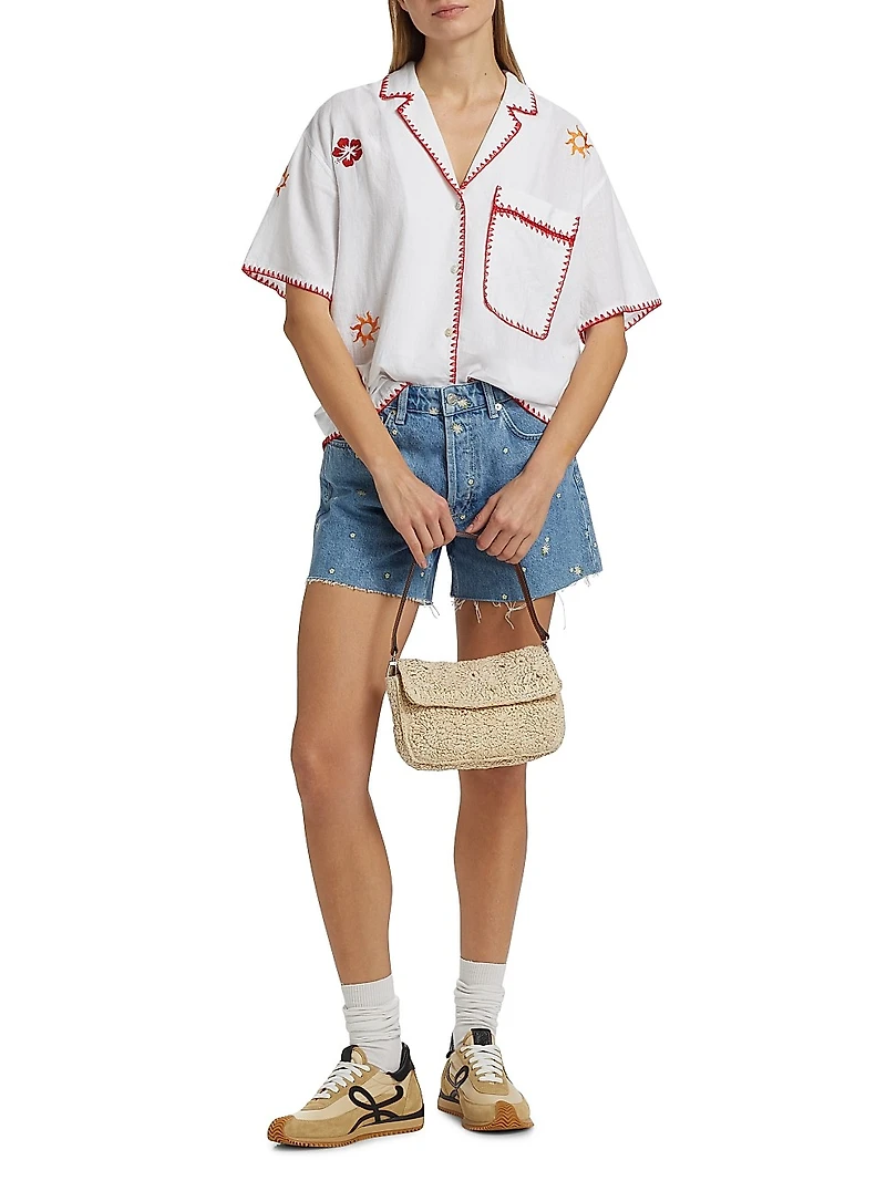 Island Floral Embroidered Linen-Blend Button-Front Shirt