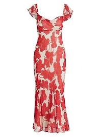 Marigold Floral Chiffon Cowlneck Flutter-Sleeve Midi-Dress