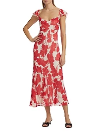 Marigold Floral Chiffon Cowlneck Flutter-Sleeve Midi-Dress