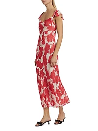 Marigold Floral Chiffon Cowlneck Flutter-Sleeve Midi-Dress