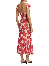 Marigold Floral Chiffon Cowlneck Flutter-Sleeve Midi-Dress