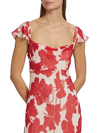 Marigold Floral Chiffon Cowlneck Flutter-Sleeve Midi-Dress