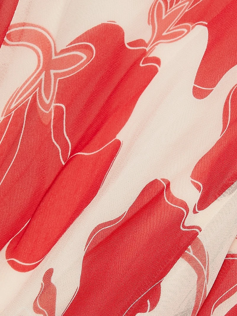 Marigold Floral Chiffon Cowlneck Flutter-Sleeve Midi-Dress