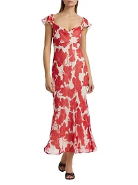 Marigold Floral Chiffon Cowlneck Flutter-Sleeve Midi-Dress