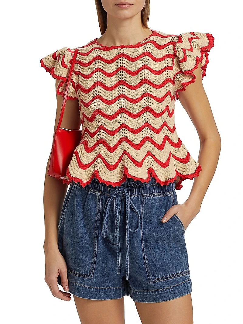 Coen Wavy Stripe Knit Cotton-Blend Flutter-Sleeve Top