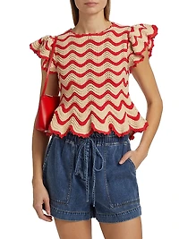 Coen Wavy Stripe Knit Cotton-Blend Flutter-Sleeve Top