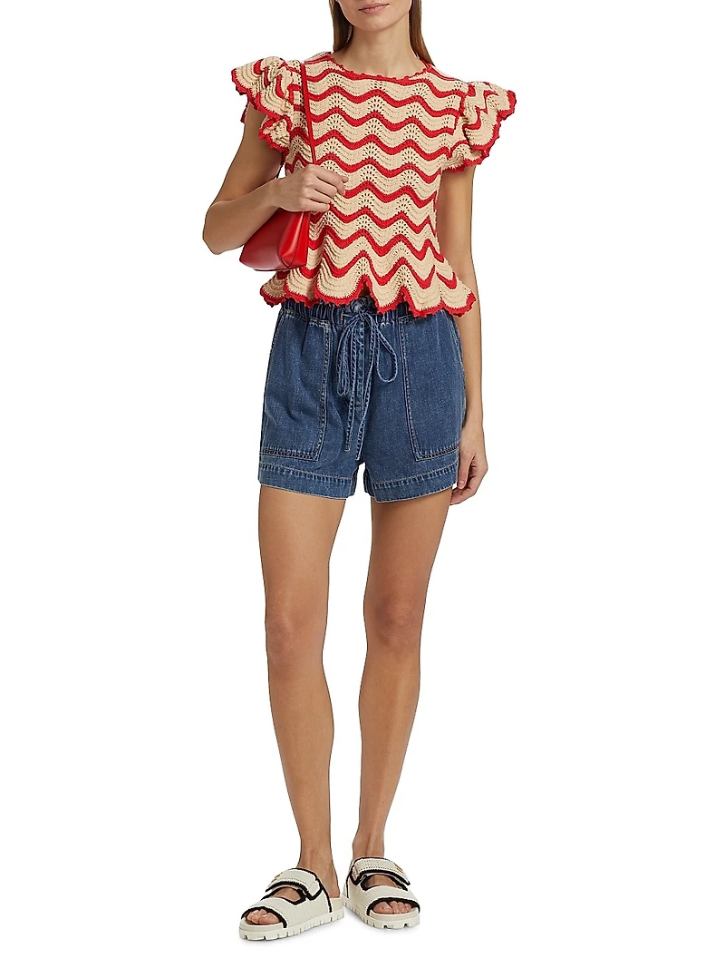 Coen Wavy Stripe Knit Cotton-Blend Flutter-Sleeve Top