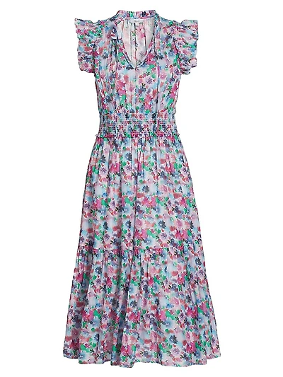 Garden Floral Cotton Short-Sleeve Midi-Dress