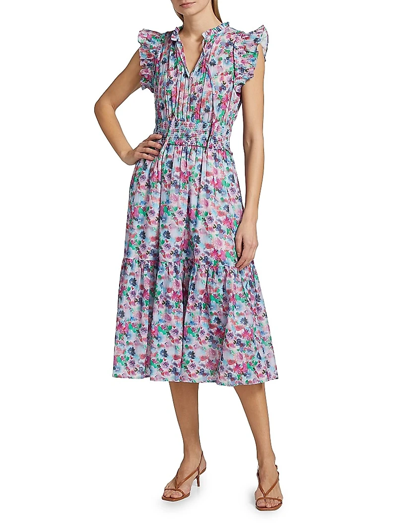 Garden Floral Cotton Short-Sleeve Midi-Dress