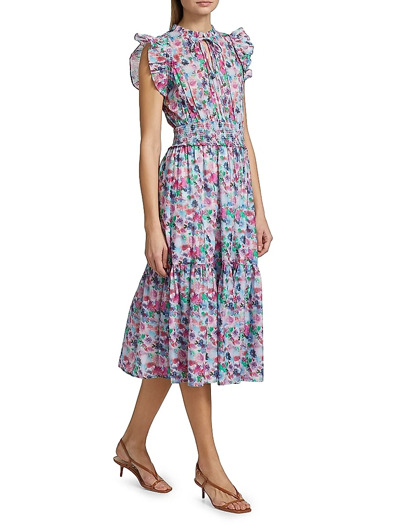 Garden Floral Cotton Short-Sleeve Midi-Dress