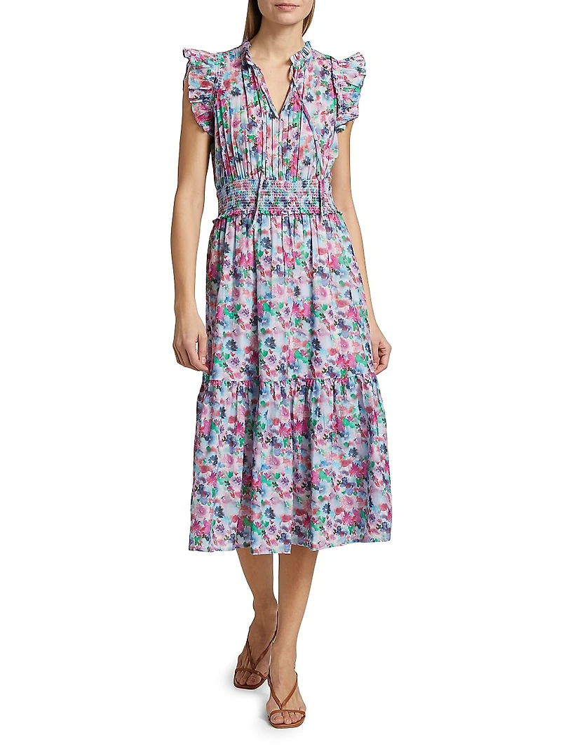 Garden Floral Cotton Short-Sleeve Midi-Dress