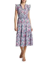 Garden Floral Cotton Short-Sleeve Midi-Dress
