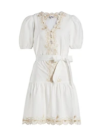 Tulip Embroidered Cotton Tie-Waist Minidress