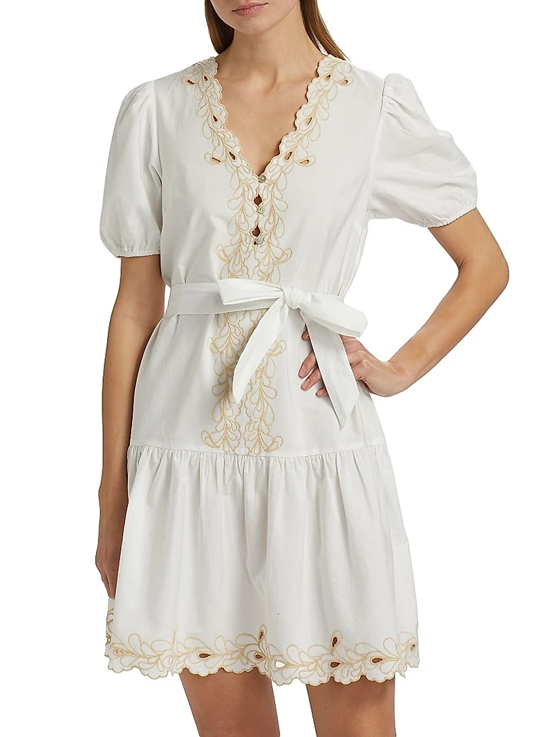 Tulip Embroidered Cotton Tie-Waist Minidress