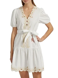 Tulip Embroidered Cotton Tie-Waist Minidress