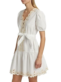 Tulip Embroidered Cotton Tie-Waist Minidress