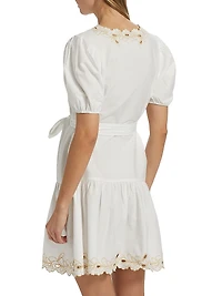 Tulip Embroidered Cotton Tie-Waist Minidress