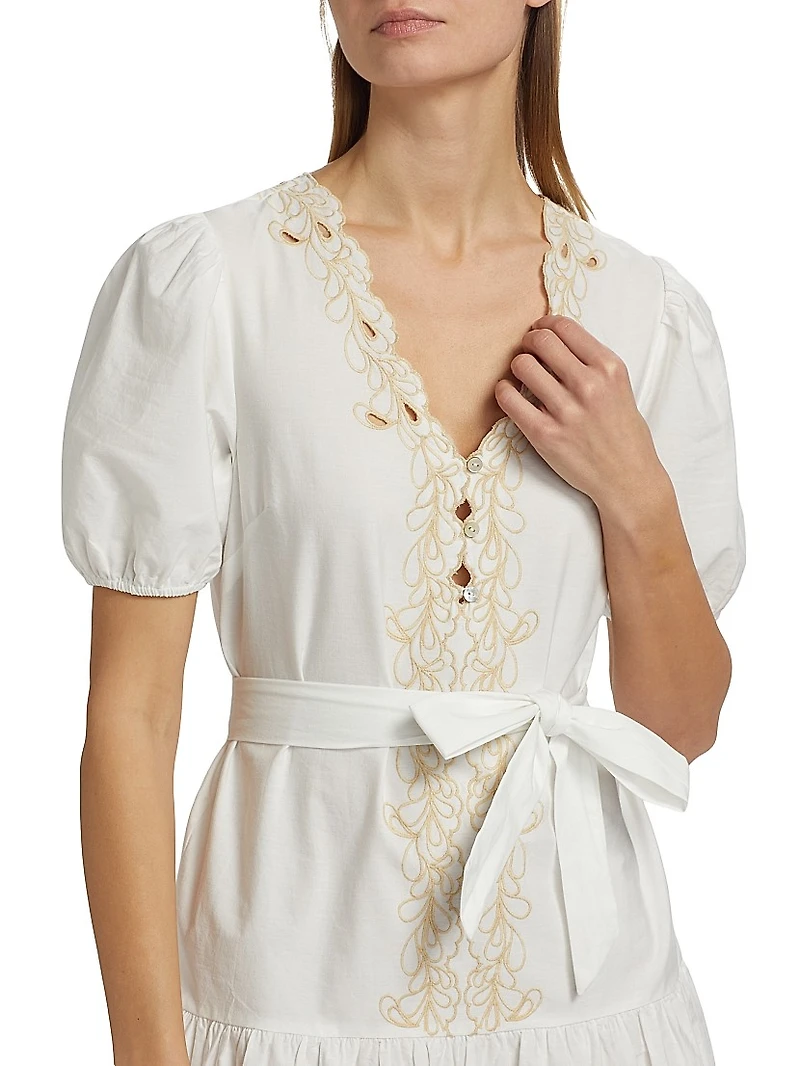 Tulip Embroidered Cotton Tie-Waist Minidress