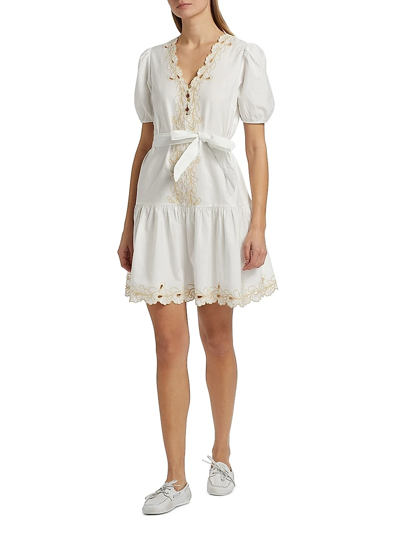 Tulip Embroidered Cotton Tie-Waist Minidress