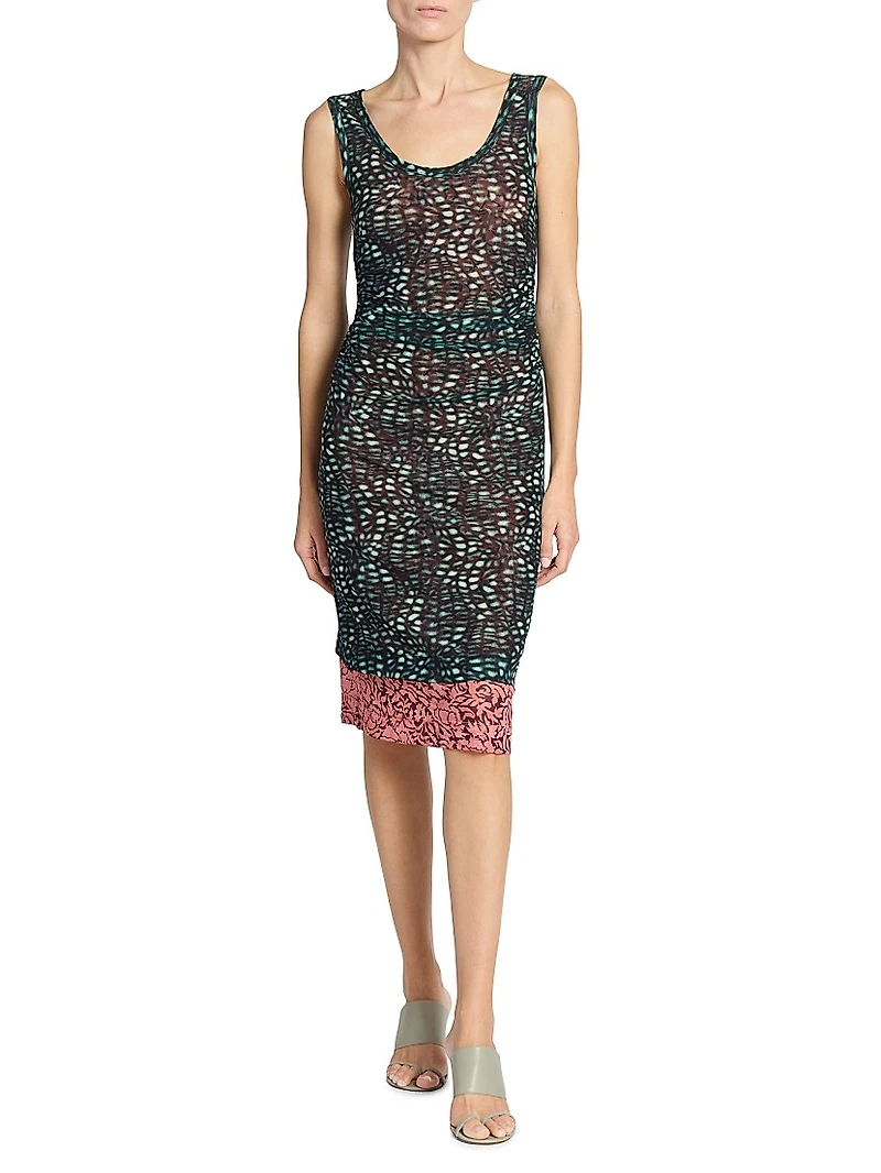 Abstract Semi-Sheer Stretch Knit Knee-Length Dress