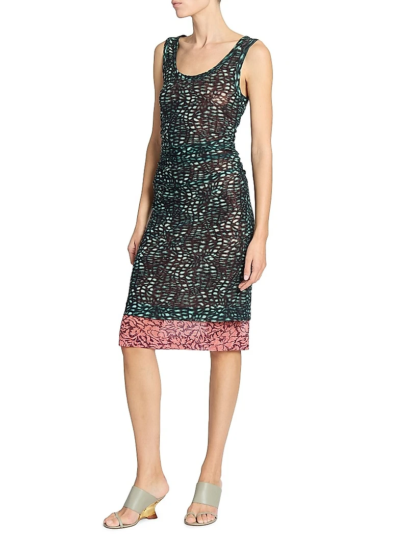 Abstract Semi-Sheer Stretch Knit Knee-Length Dress
