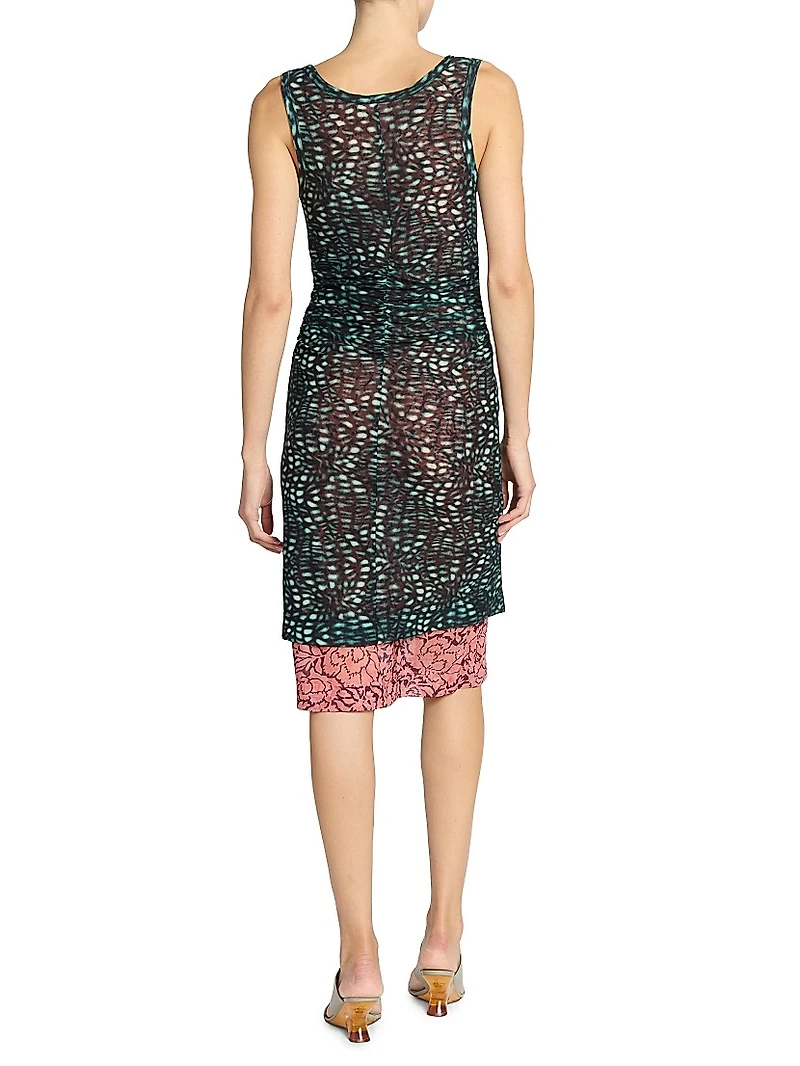 Abstract Semi-Sheer Stretch Knit Knee-Length Dress