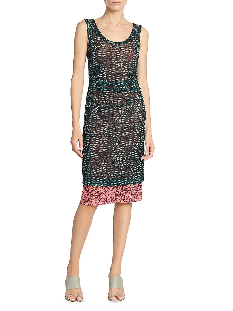 Abstract Semi-Sheer Stretch Knit Knee-Length Dress