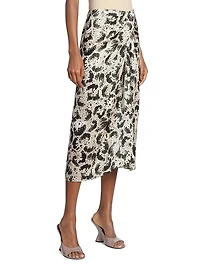 Sampa Draped Abstract Print Silk Midi-Skirt