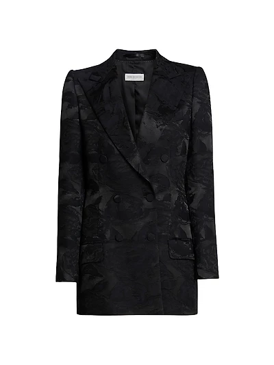 Floral Jacquard Longline Double-Breasted Jacket