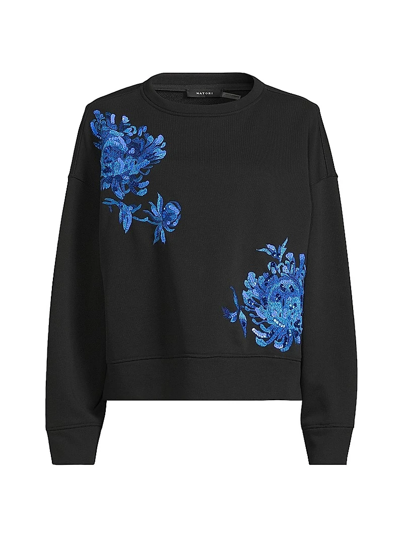 French Terry Floral-Embroidered Cotton-Blend Sweater