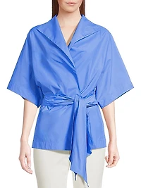 Techno Poplin Cotton-Blend Belted Wrap Top