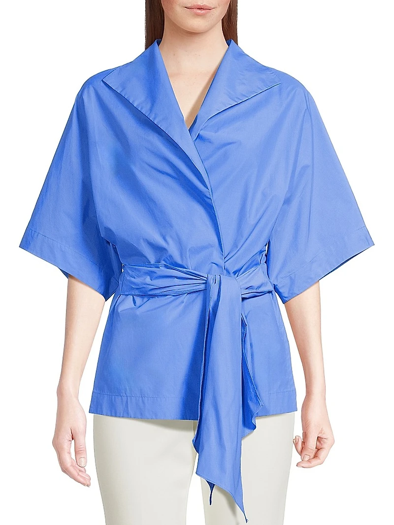 Techno Poplin Cotton-Blend Belted Wrap Top