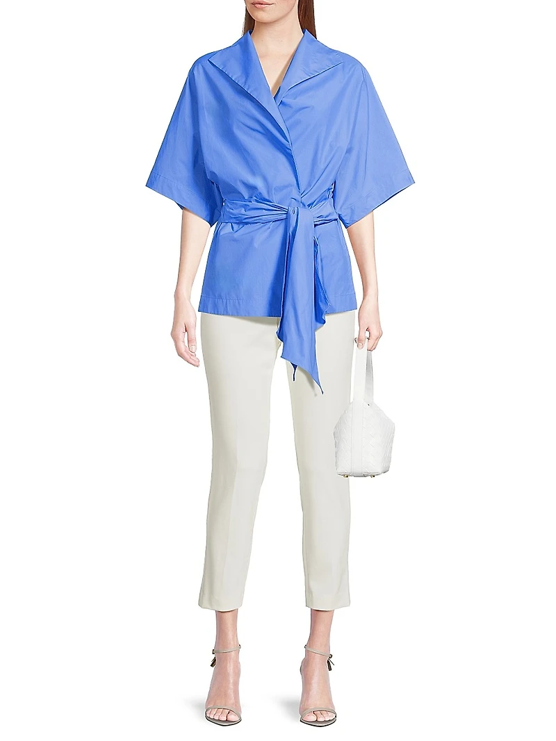 Techno Poplin Cotton-Blend Belted Wrap Top
