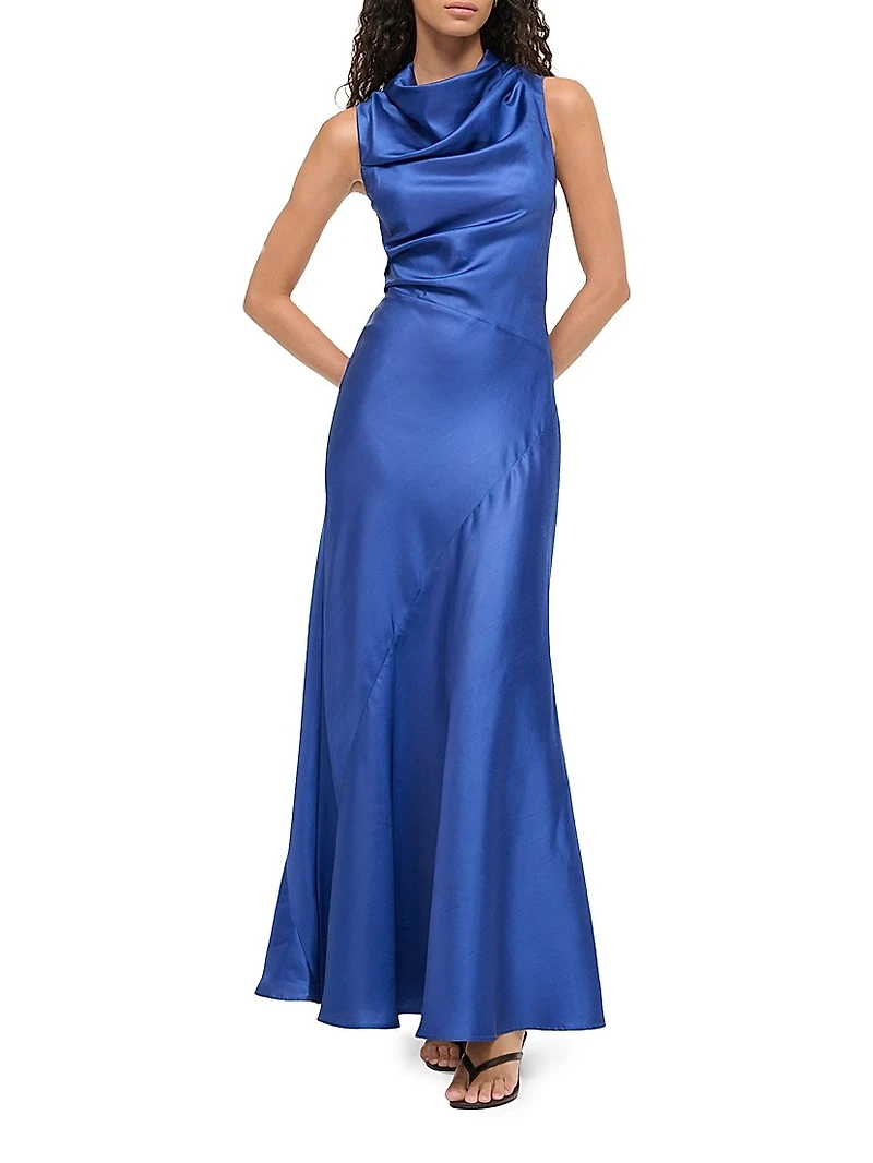 Frida Gathered Silk Cowlneck Gown