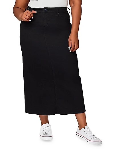 Stretch Cotton-Blend Denim Side-Slit Maxi Skirt